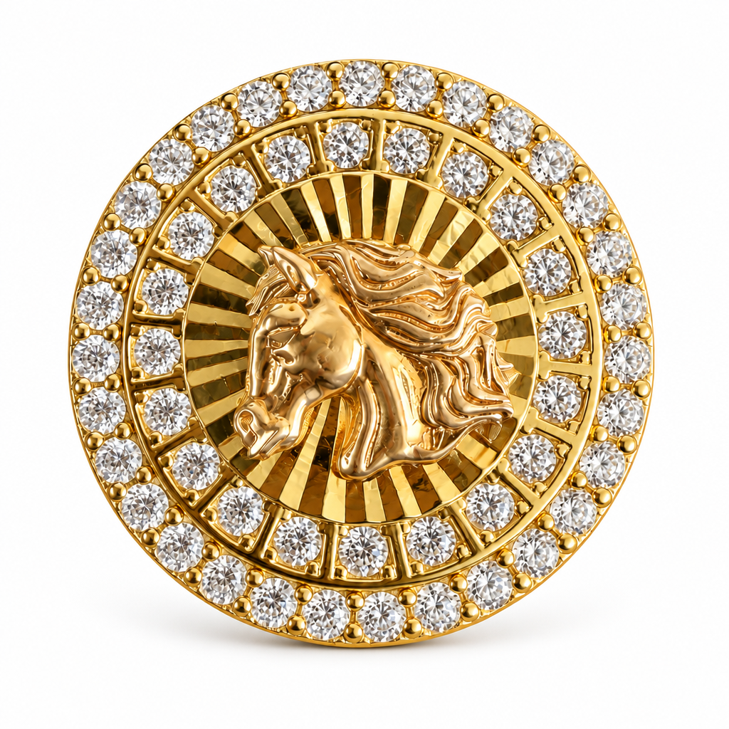 14KT Gold Ring Men's Two Tone Round Raised Horse Portrait Profile Center with Sunray Background, Double Row White CZ Stones Border with Etched Stripe Band