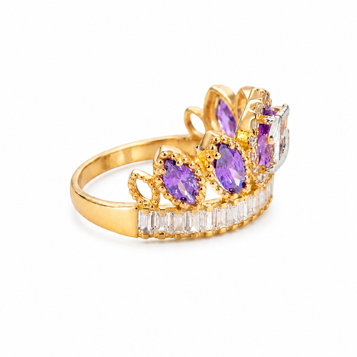 14KT Gold Ring Women's "15" Quinceanera Crown Purple CZ Stones with White Baguette CZ Stones Band