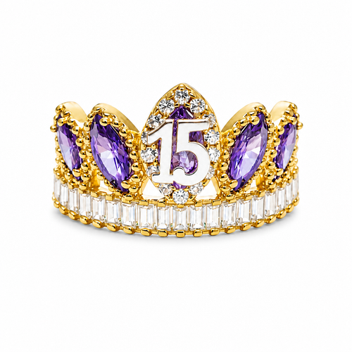 14KT Gold Ring Women's "15" Quinceanera Crown Purple CZ Stones with White Baguette CZ Stones Band