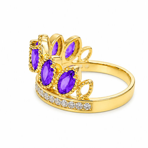 14KT Gold Ring Women's "15" Quinceanera Crown Purple CZ Stones with White Baguette CZ Stones Band