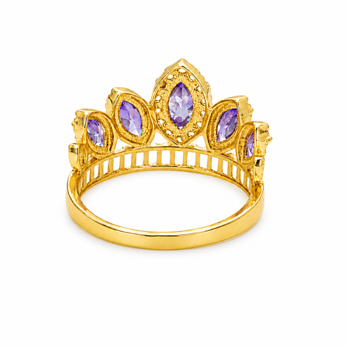 14KT Gold Ring Women's "15" Quinceanera Crown Purple CZ Stones with White Baguette CZ Stones Band