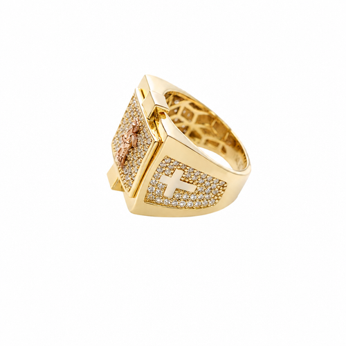 14KT Gold Ring Men's Square Raised Two Tone St. Muerte with Seven Row White CZ Stones Background and Two Tone Cross on Each Side and Pave Style CZ White Stone on Each Side with Pave Background