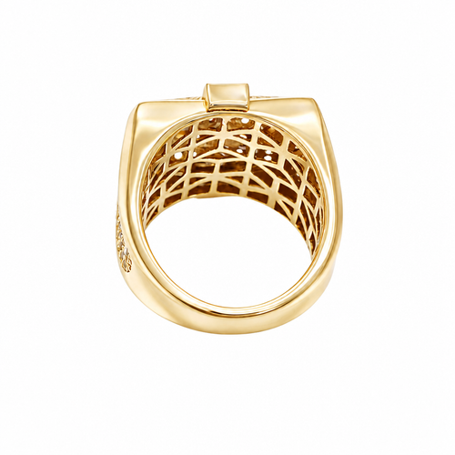 14KT Gold Ring Men's Square Raised Two Tone St. Muerte with Seven Row White CZ Stones Background and Two Tone Cross on Each Side and Pave Style CZ White Stone on Each Side with Pave Background