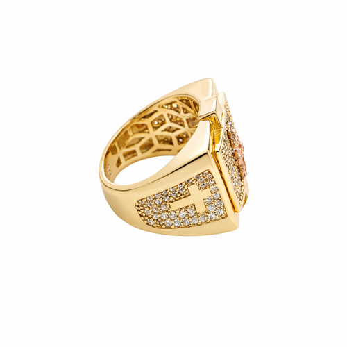 14KT Gold Ring Men's Square Raised Two Tone St. Muerte with Seven Row White CZ Stones Background and Two Tone Cross on Each Side and Pave Style CZ White Stone on Each Side with Pave Background