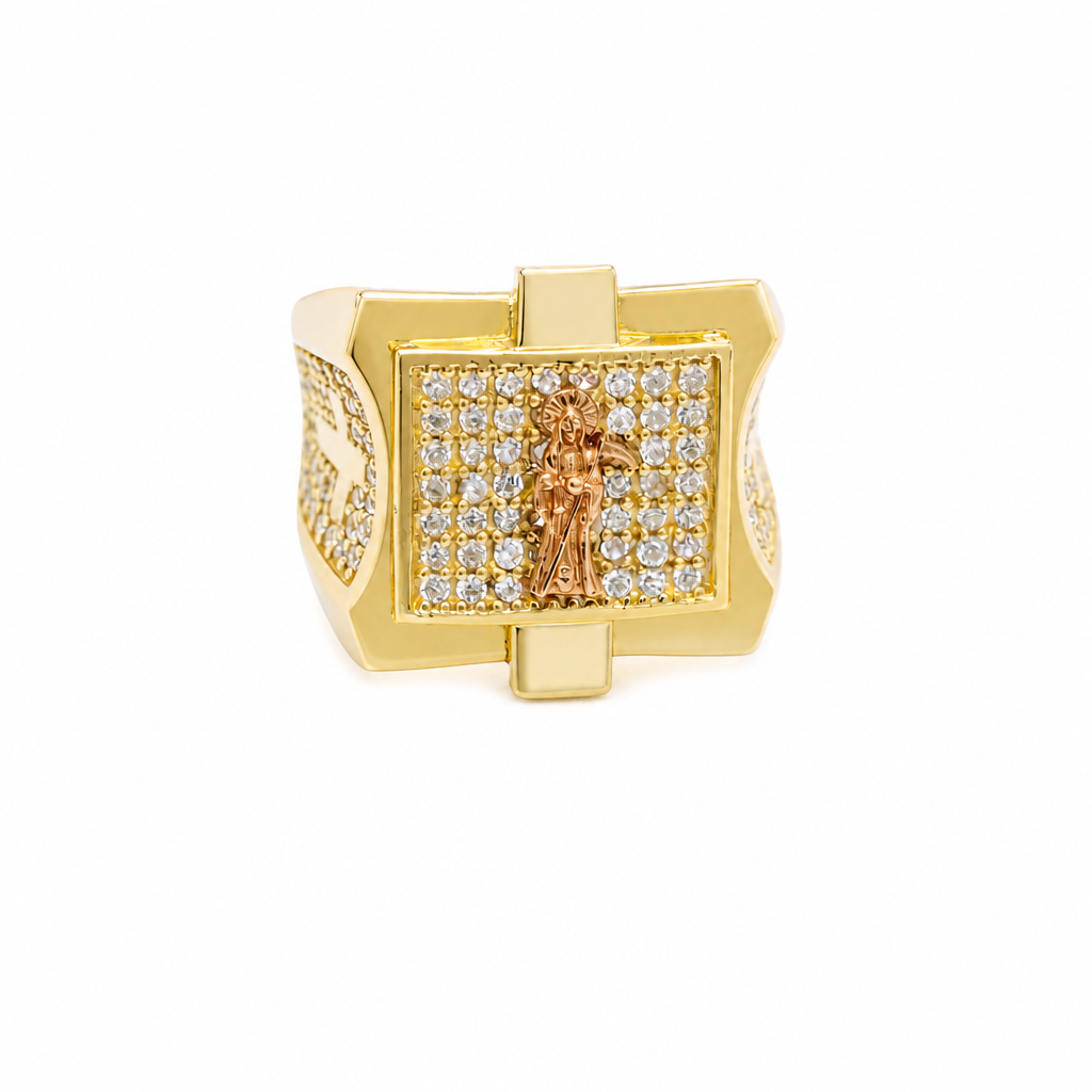 14KT Gold Ring Men's Square Raised Two Tone St. Muerte with Seven Row White CZ Stones Background and Two Tone Cross on Each Side and Pave Style CZ White Stone on Each Side with Pave Background