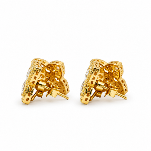 14KT Gold Earrings Small 3D White Marquise CZ Stones Four Leaf Clover with White CZ Stones Border, Plain Edge, and Push Back Post with Butterfly Backs