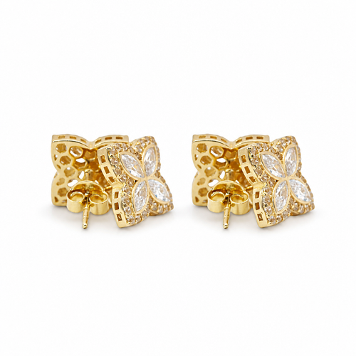 14KT Gold Earrings Small 3D White Marquise CZ Stones Four Leaf Clover with White CZ Stones Border, Plain Edge, and Push Back Post with Butterfly Backs