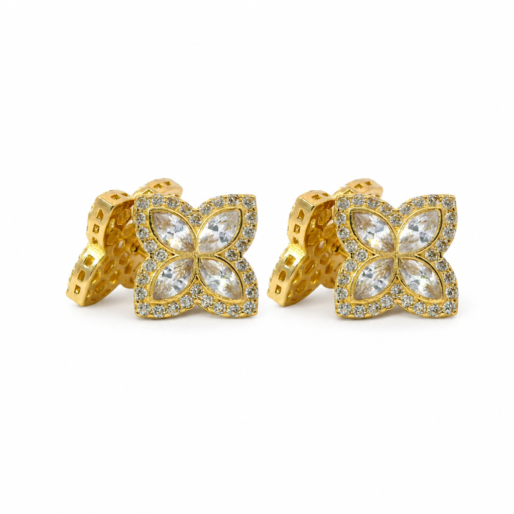 14KT Gold Earrings Small 3D White Marquise CZ Stones Four Leaf Clover with White CZ Stones Border, Plain Edge, and Push Back Post with Butterfly Backs