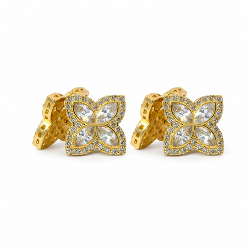 14KT Gold Earrings Small 3D White Marquise CZ Stones Four Leaf Clover with White CZ Stones Border, Plain Edge, and Push Back Post with Butterfly Backs