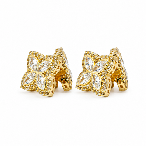 14KT Gold Earrings Small 3D White Marquise CZ Stones Four Leaf Clover with White CZ Stones Border, Plain Edge, and Push Back Post with Butterfly Backs