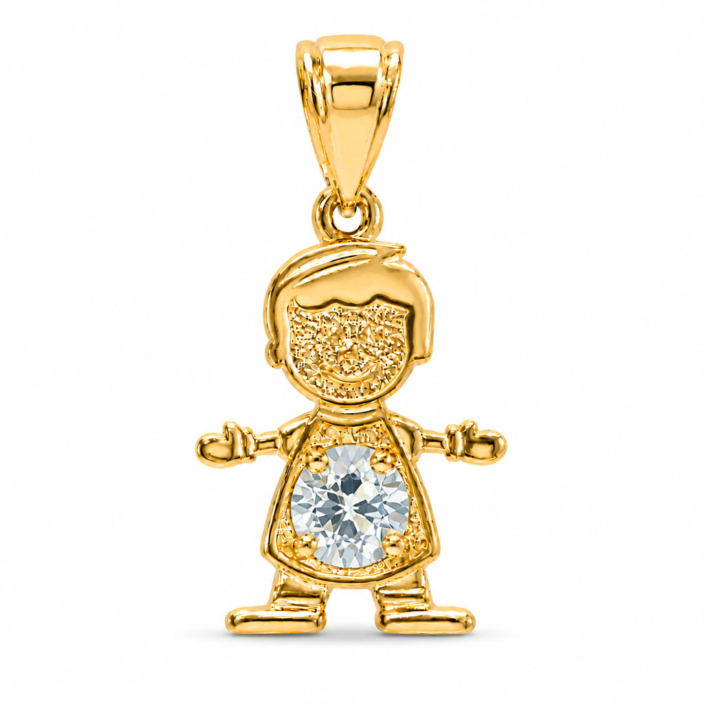 14KT Gold Charm Boy with Light Blue CZ Stone Belly and Plain Bell