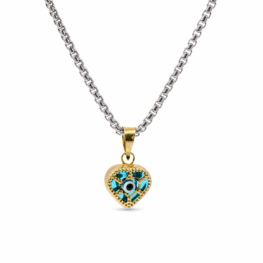 14KT Gold Charm Extra Small 3D Heart Evil Eye with Plain Bell
