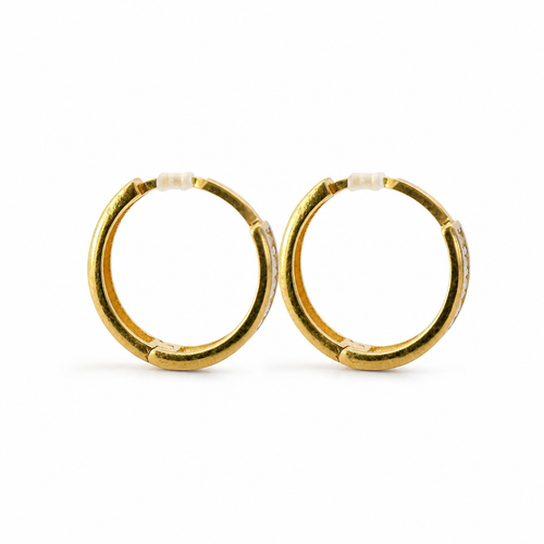 14KT Gold Earring Medium White CZ Stones Single Row with Plain Gold Border Closed Back Huggie