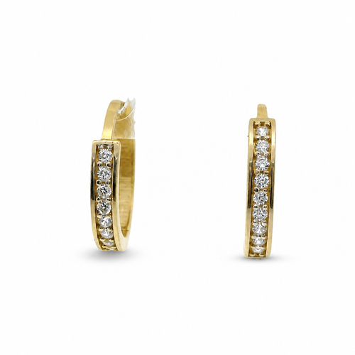 14KT Gold Earring Medium White CZ Stones Single Row with Plain Gold Border Closed Back Huggie