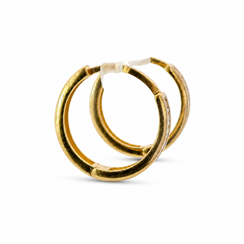 14KT Gold Earring Medium White CZ Stones Single Row with Plain Gold Border Closed Back Huggie