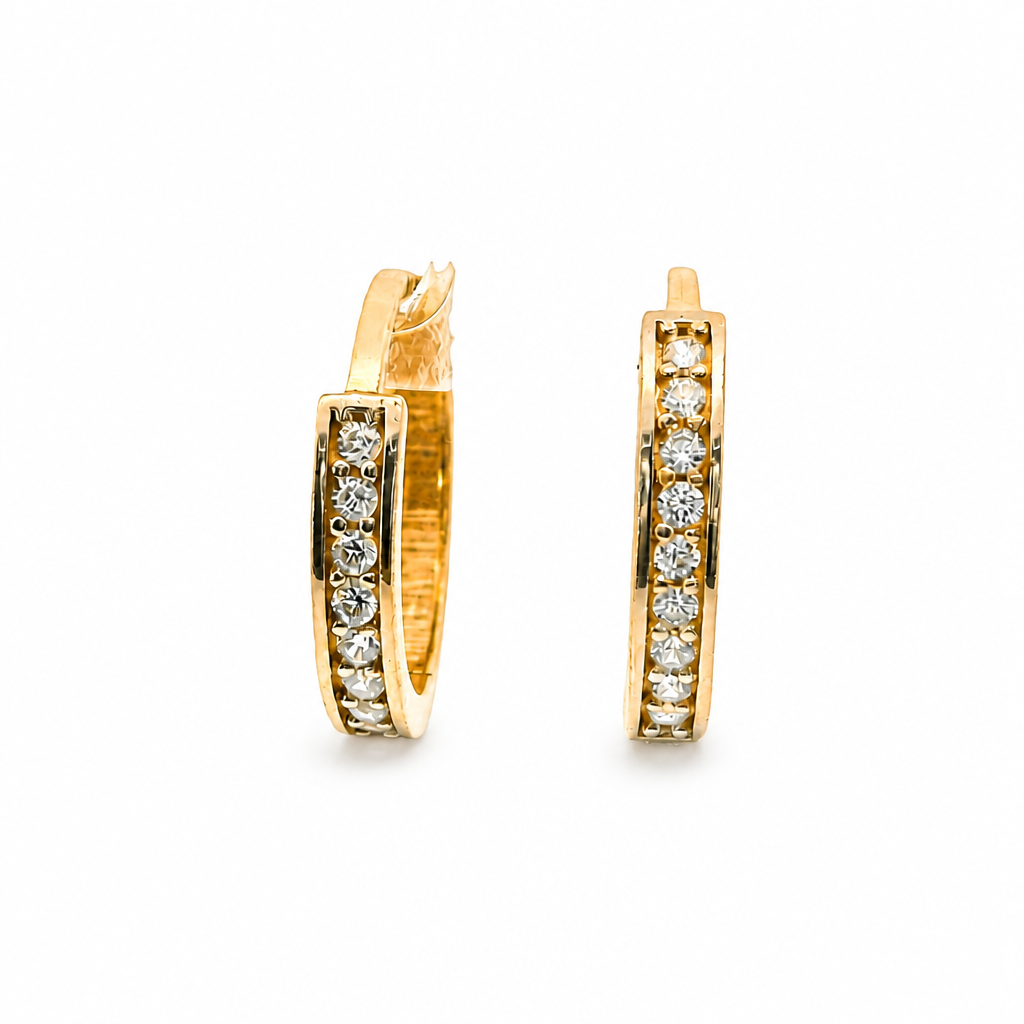14KT Gold Earring Medium White CZ Stones Single Row with Plain Gold Border Closed Back Huggie