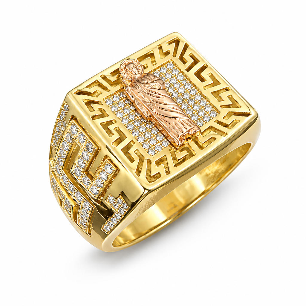 14KT Gold Ring Men's Round Raised Two Tone St Jude Center with White CZ Stones Background and Greek Cutout Border, Side Design is White CZ Stones Greek Print Band