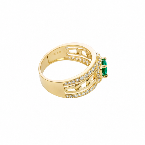14KT Gold Ring Men's Hexagon Green CZ Round Center Stone White CZ Stone Border and Miami Link Band with Single Row White CZ Stones Border