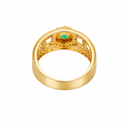 14KT Gold Ring Men's Hexagon Green CZ Round Center Stone White CZ Stone Border and Miami Link Band with Single Row White CZ Stones Border