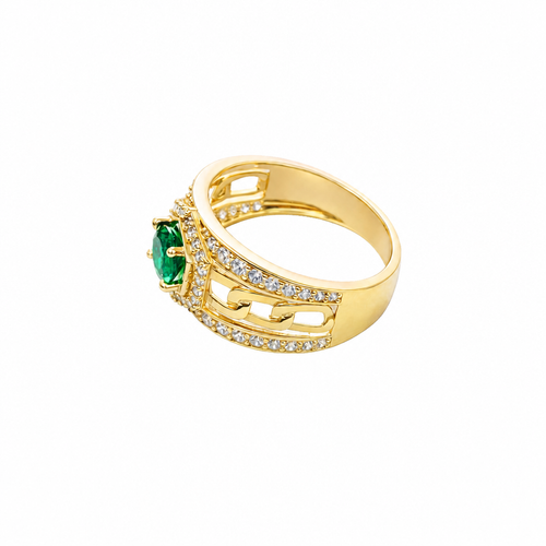 14KT Gold Ring Men's Hexagon Green CZ Round Center Stone White CZ Stone Border and Miami Link Band with Single Row White CZ Stones Border