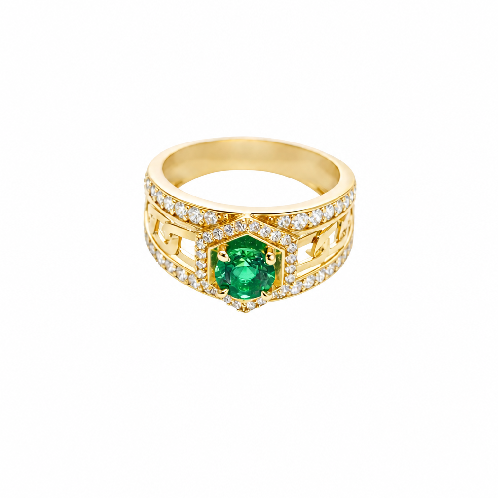 14KT Gold Ring Men's Hexagon Green CZ Round Center Stone White CZ Stone Border and Miami Link Band with Single Row White CZ Stones Border