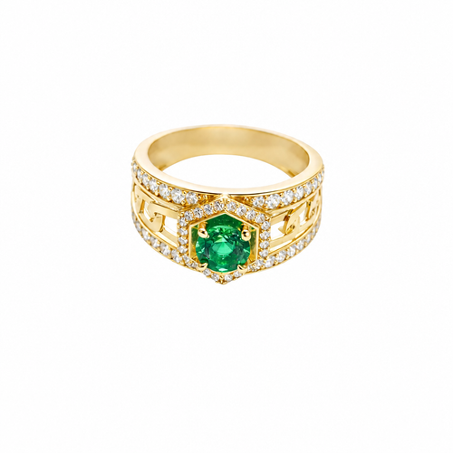 14KT Gold Ring Men's Hexagon Green CZ Round Center Stone White CZ Stone Border and Miami Link Band with Single Row White CZ Stones Border