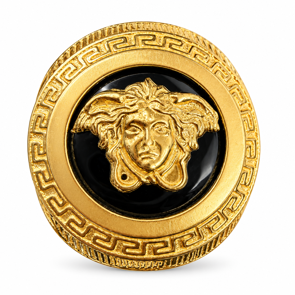 14KT Gold Ring Men's Round Medusa Head Center with Black Background, Greek Border, and Greek Print Band