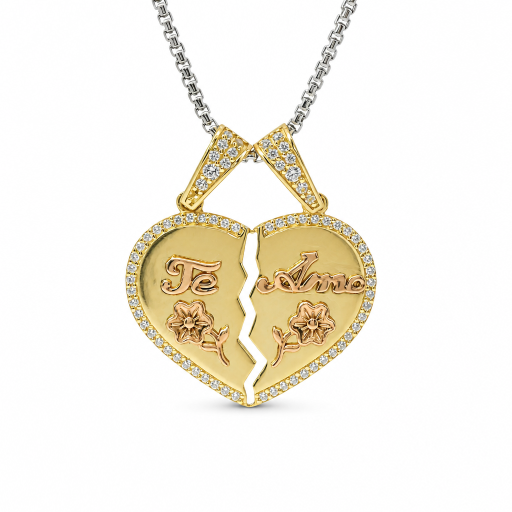 14KT Gold Charm Medium Two Tone "Te Amo" Broken Heart with Flower Center with White CZ Stone Outline and Two White CZ Stone Bells