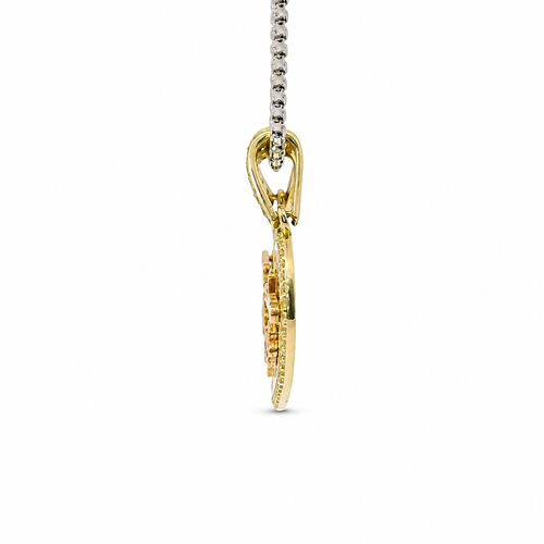14KT Gold Charm Medium Two Tone "Te Amo" Broken Heart with Flower Center with White CZ Stone Outline and Two White CZ Stone Bells