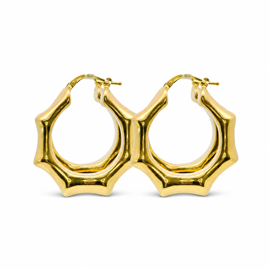 14KT Gold Earrings Abstract Bamboo Hoops 1 Inch Hollow Tube 7mm