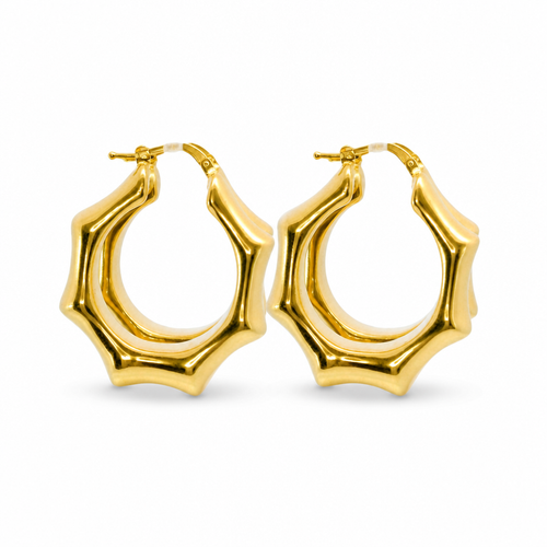 14KT Gold Earrings Abstract Bamboo Hoops 1 Inch Hollow Tube 7mm