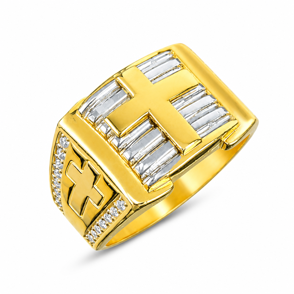 14KT Gold Ring Men's Square Raised Two Tone Cross Center with White Gold Stripe Background, White CZ Stones Side Borders, and Plain Cross on Band