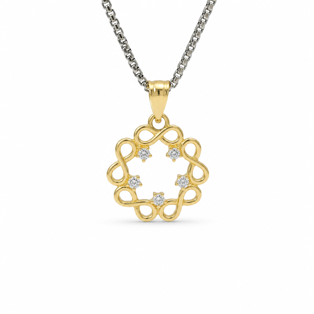 14KT Gold Charm Large Plain Infinity Wreath with Five White CZ Stones Center and Plain Bell