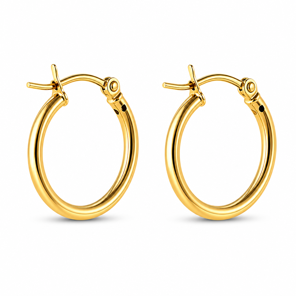 14KT Gold Earrings Hoops Round Plain Hollow Tube with Saddleback Hinge Closure Length 8mm