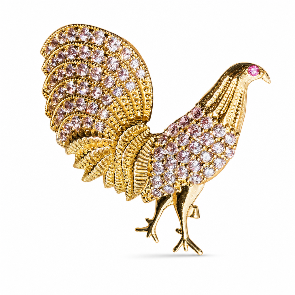 14KT Gold Charm Large Peacock with Dark Pink Eye and White CZ Stones Tail and Chest with Plain Bell