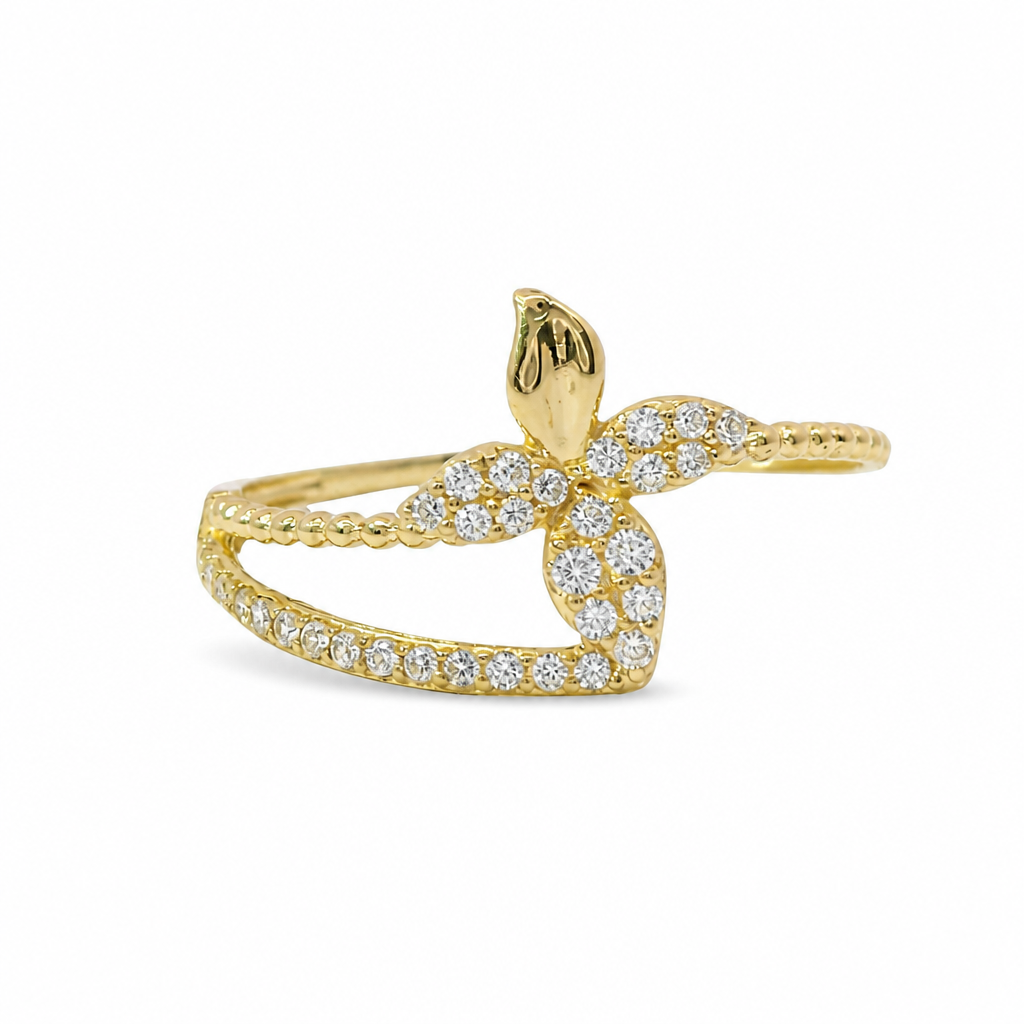 14KT Gold Ring Women's Light Weight Four Petal Flower Center with Three White CZ Stones Petals and White CZ Stones Bypass Band