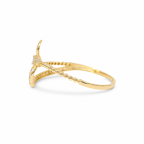 14KT Gold Ring Women's Light Weight Four Petal Flower Center with Three White CZ Stones Petals and White CZ Stones Bypass Band