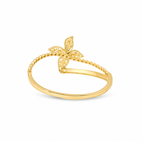 14KT Gold Ring Women's Light Weight Four Petal Flower Center with Three White CZ Stones Petals and White CZ Stones Bypass Band