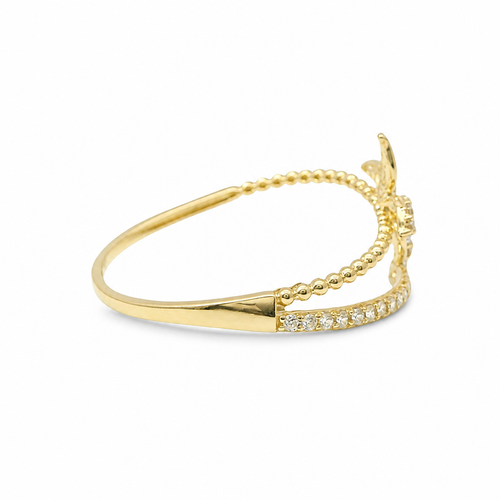 14KT Gold Ring Women's Light Weight Four Petal Flower Center with Three White CZ Stones Petals and White CZ Stones Bypass Band