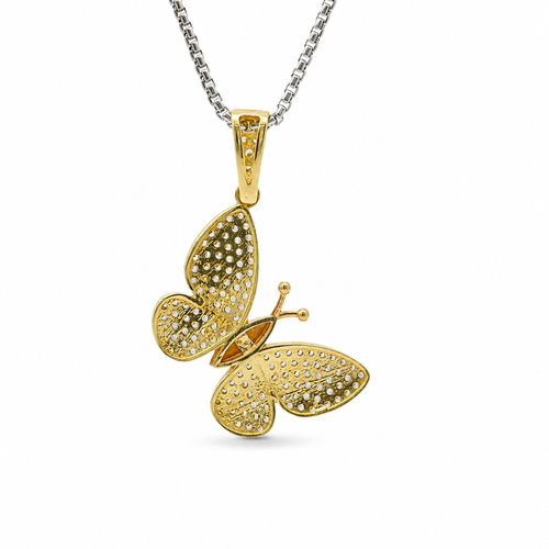 14KT Gold Charm Tri Tone White CZ Stones Butterfly with Rose Gold Body and White Gold White CZ Stones Wings and Bell