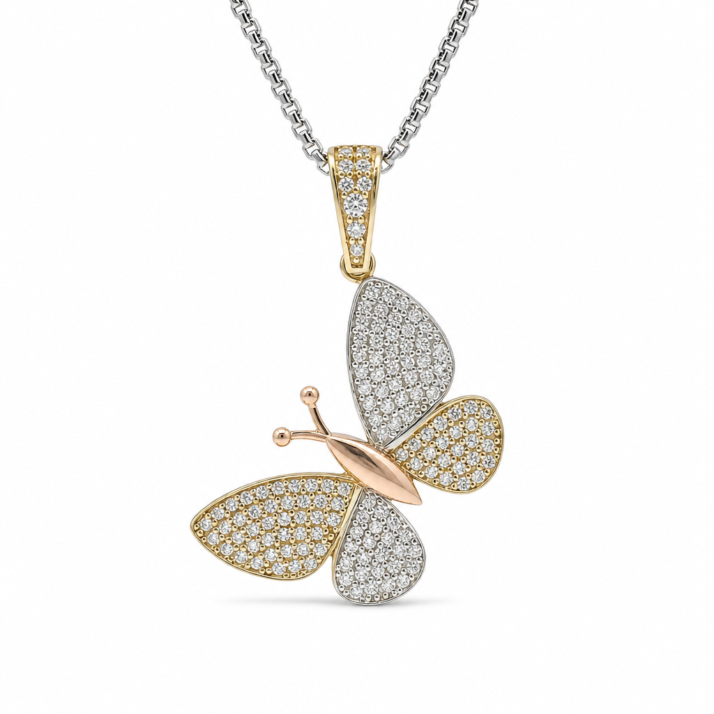 14KT Gold Charm Tri Tone White CZ Stones Butterfly with Rose Gold Body and White Gold White CZ Stones Wings and Bell