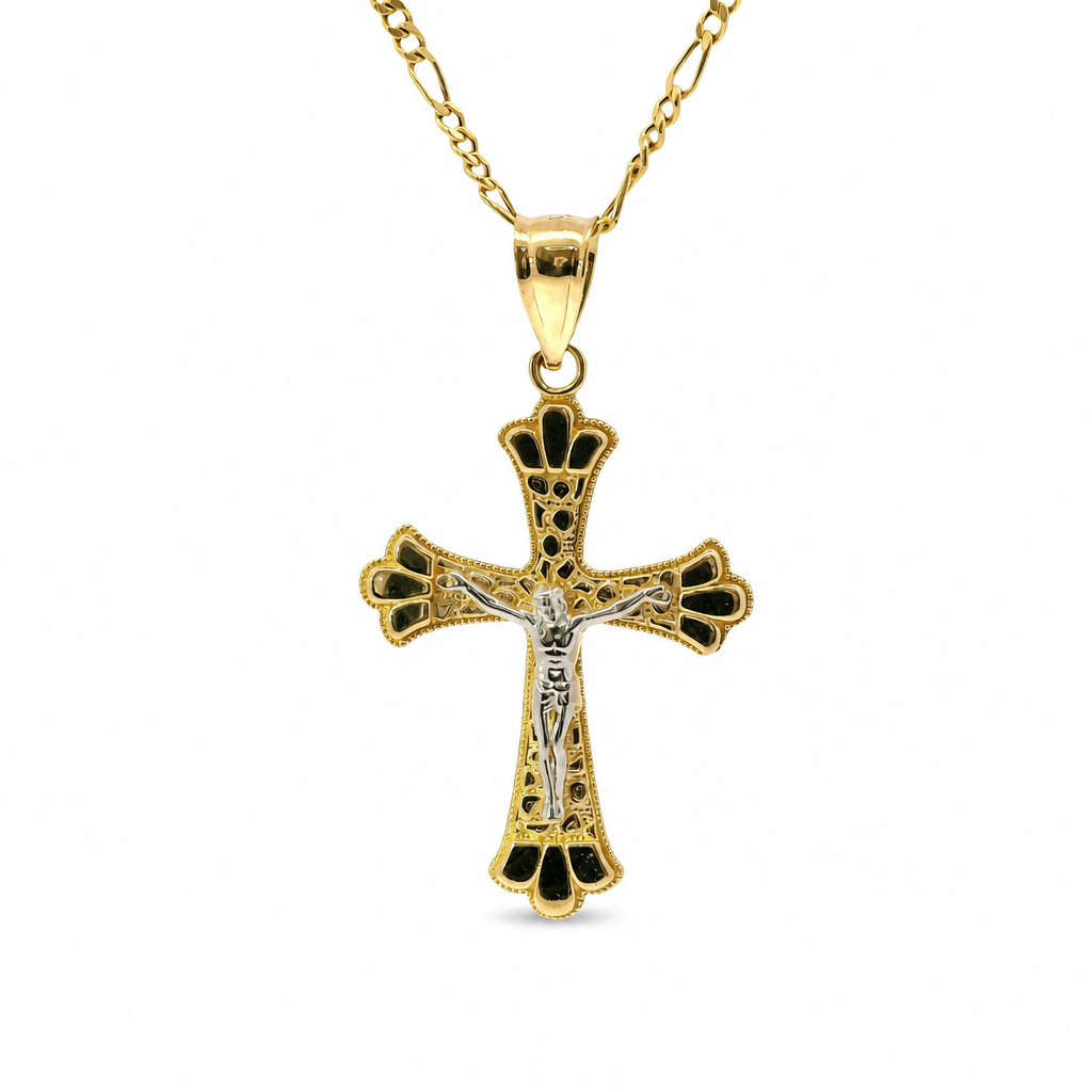 14KT Gold Charm Medium Two Tone Open Center Nugget Square Ends Crucifix Cross with Plain Bell