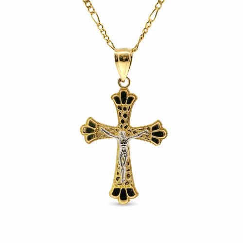 14KT Gold Charm Medium Two Tone Open Center Nugget Square Ends Crucifix Cross with Plain Bell