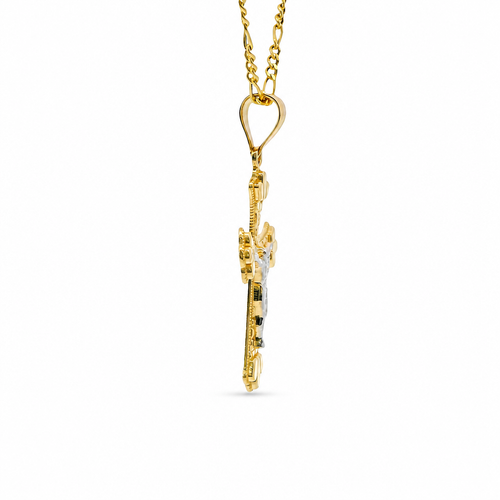 14KT Gold Charm Medium Two Tone Open Center Nugget Square Ends Crucifix Cross with Plain Bell