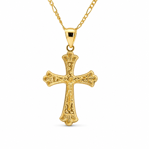 14KT Gold Charm Medium Two Tone Open Center Nugget Square Ends Crucifix Cross with Plain Bell