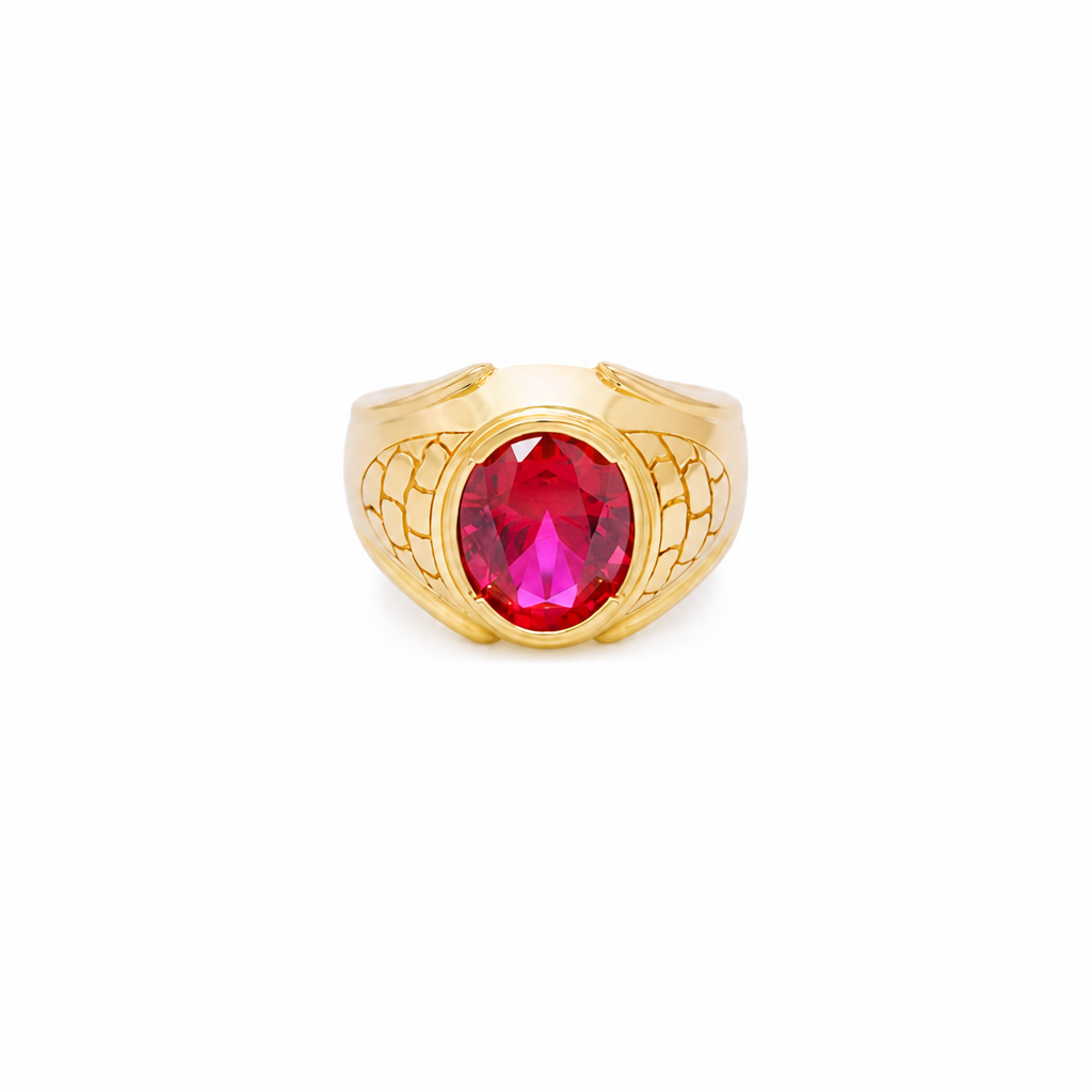 14KT Gold Ring Men's Oval Red Round CZ Stone Plain Border Side Design Brick Pattern