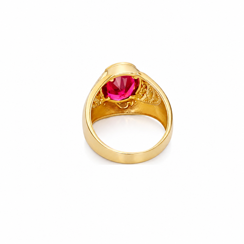 14KT Gold Ring Men's Oval Red Round CZ Stone Plain Border Side Design Brick Pattern