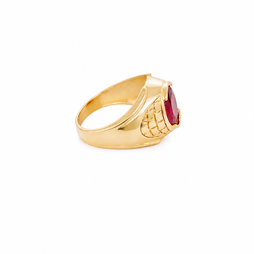 14KT Gold Ring Men's Oval Red Round CZ Stone Plain Border Side Design Brick Pattern