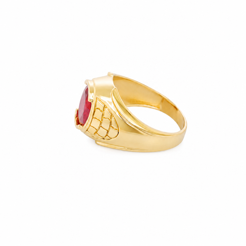 14KT Gold Ring Men's Oval Red Round CZ Stone Plain Border Side Design Brick Pattern