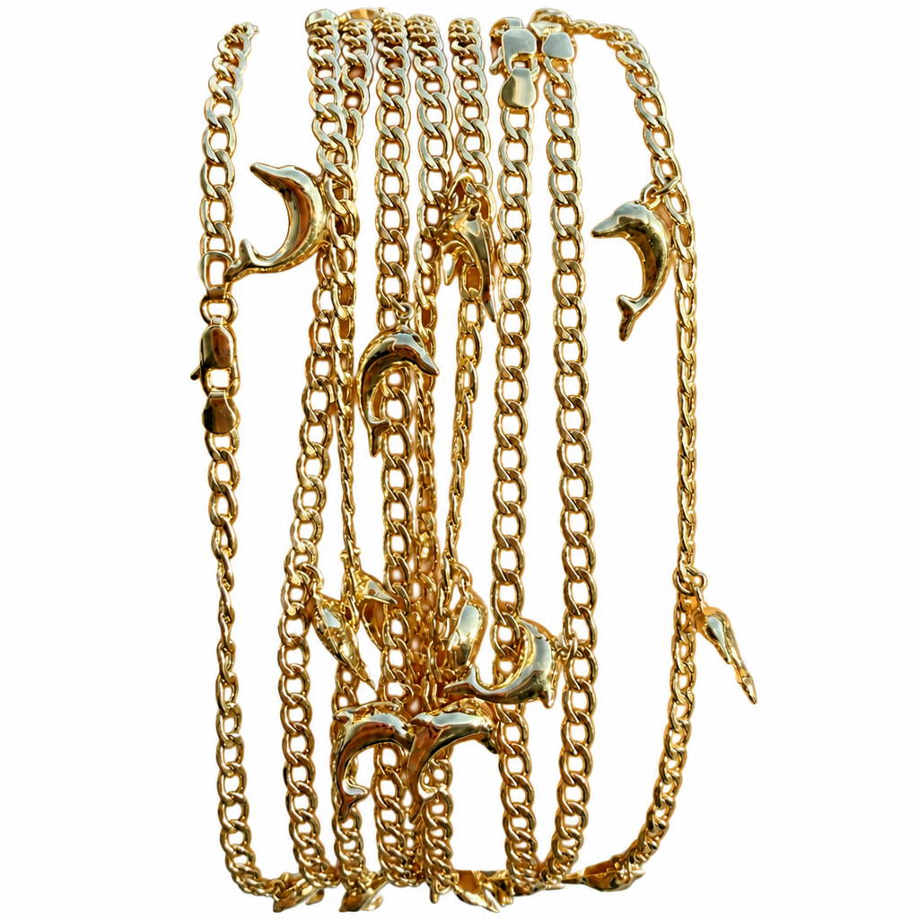 14KT Gold Hollow Curb Anklet with Puff Dolphin Charms 3.5mm